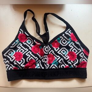PINK Victoria's Secret Black and Red Floral Sports Bra